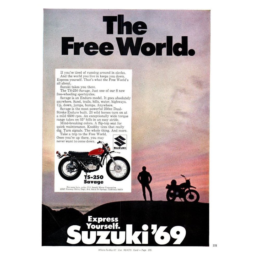 1969 Suzuki TS-250 Savage Motorcycle Motor Bike Vintage Print Ad Ocean Sunset
